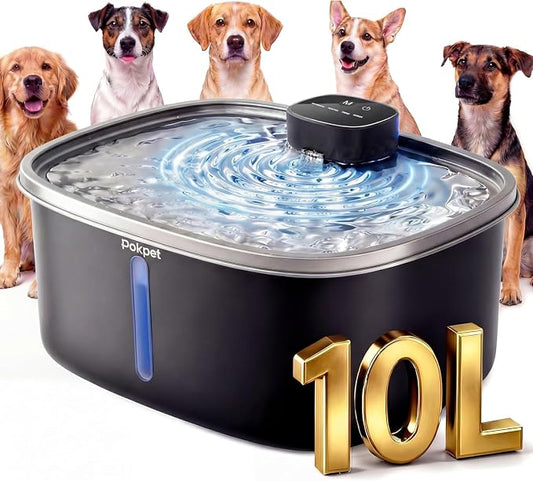 Dog Cat Water Fountain Doggy Spout Water Bowl, Stainless Steel, Large Dog, Fresh Flow, 10L Pet Dispenser with Deeper Wider Drinking Area, LED Window, Multi-Filtration - Wireless 1Filter