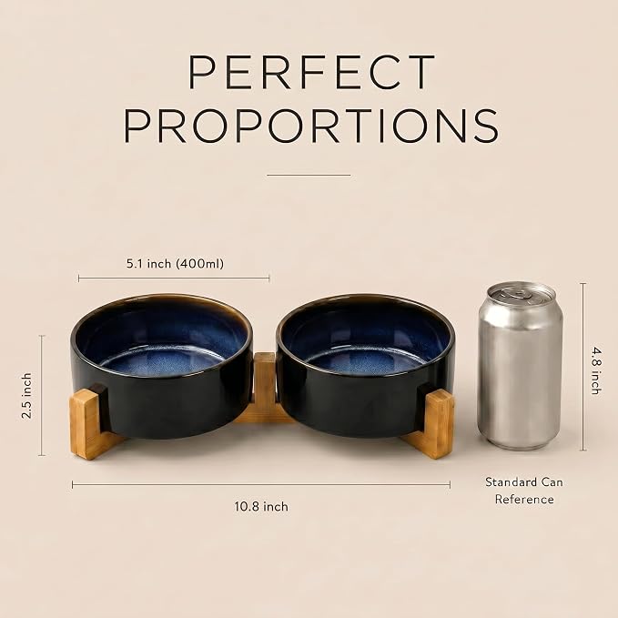 SPUNKYJUNKY Ceramic Dog and Cat Bowl Set with Wooden Stand, Modern Cute Weighted Food Water Set for Small Size Dogs (13.5OZ) & Medium Sized Dogs (28.7OZ) & Cats (1.7 Cups, 2 × Starry Blue)