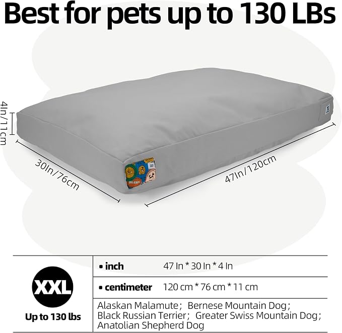 Sytopia 47 Inch Durable Indestructible Dog Bed for XXL Dogs, Outdoor Canvas Chew Proof Pet Crate Mat with Waterproof Washable Removable Cover, Indoor Patio Pet Pad for Crate, Light Grey