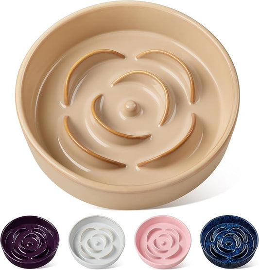 vancasso Slow Feeder Dog Bowl, 1.5 Cups Ceramic Slow Feeder for Medium Breed, Puzzle Maze Dog Food Bowl for Fast Eater, Khaki