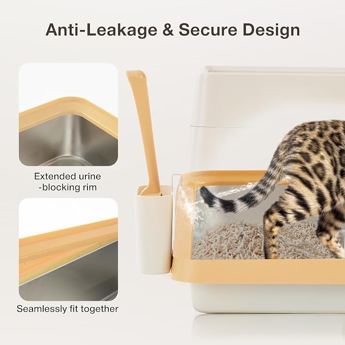 ZOMISIA Stainless Steel Cat Litter Box, Extra Large Covered Litter Box with Lid, Scoop, Odor Control Filter, XL Side/Top Entry Enclosed Cat Boxes for Big Kitty, Khaki