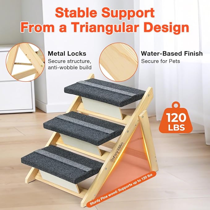 Wooden Dog Stairs& Dog Steps, 2-in-1 Foldable Dog Steps for Beds, Couch and Cars, Anti-Slip Pet Ramp with 3 Steps Indoor Pet Stairs for Small Medium Large Older Pet Cats up to 120lbs