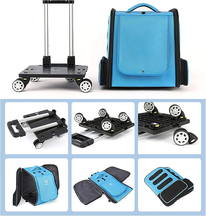 Pet Trolley Backpack,Cat Carrier with Wheels,Dog Rucksack Bag Pet Stroller,Multi-Function Rolling Carrier with Adjustable Height, Cats,Puppies Travel Bag Luggage Box with Telescopic Handle