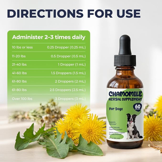Chamomile for Dogs, Calming Drops for Dogs with Chamomile Extract, Supports Relaxed Behavior, Digestive Comfort & Daily Balance, Liquid Dog Supplement for Storms, Travel & Separation Stress, 2 fl oz