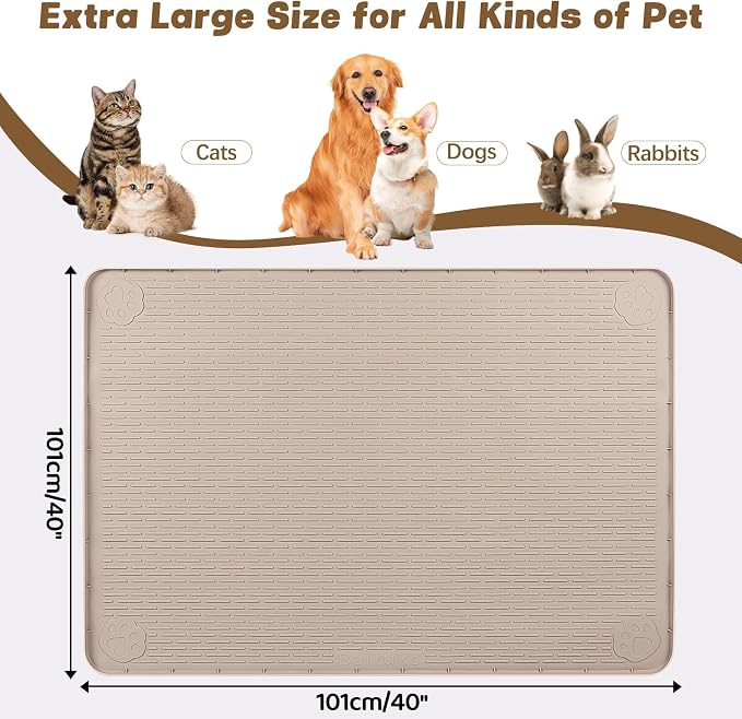 Cat Food Mat, 40" x 40" Extra Large Silicone Pet Feeding Mat with Raised Edge Pet Placemat for Food and Water Bowl Non-Slip, Easy to Clean, Floor Protection (Khaki)