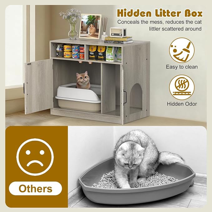 Hidden Cat Litter Cabinet Ultra-Large Wooden Enclosed Litter Box Fumiture 2-Door Storage Cabinet 2 Open Drawers 1Air Vents Cat Litter Furniture Fit Most of Litter Box.(Gray, No Drawers)