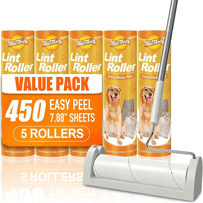 WulaWindy Large Lint Roller for Pet Hair, 450 Sheets 5 Rollers with Extendable Long Handle, 7.87 in Extra Sticky Pet Hair Remover with Storage Base for Floors, Couch, Carpet, Clothes