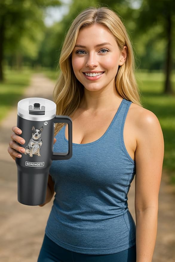 E&S Pets SERENGETI 40 Oz Ultimate Tumbler with Handle and Straw - Vacuum Insulated Tumbler with Straw and Lid - Stainless Steel Travel Mug for Pet Lovers - 3D Printing (Australian Cattle Dog)