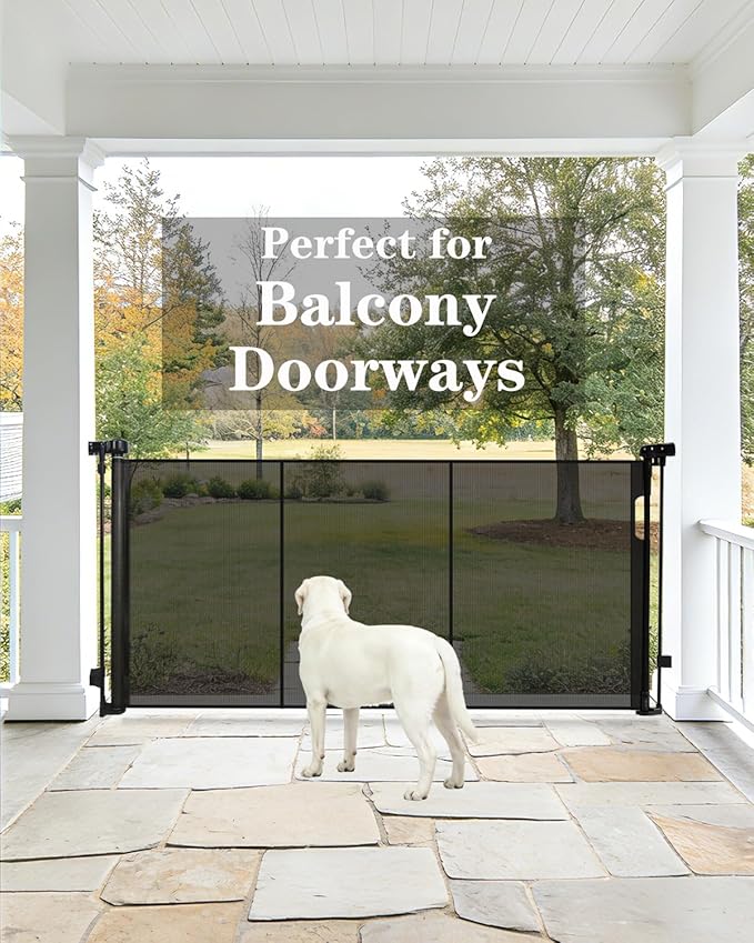 80" Wide Retractable Baby Gate for Stairs, 42" Extra Tall Retractable Dog Pet Gate with Support Rods, Mesh Screen Child Safety Gate for Doorways Hallways Deck Porch, Outdoor Indoor Use