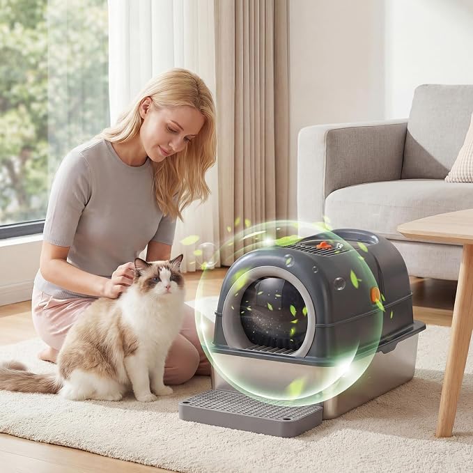 Extra Large Cat Litter Box with Lid, Stainless Steel Litter Box for Big Cats, Enclosed High Sided Kitty Pan with Scoop & Mat, Front & Top Entry with Door, Grey