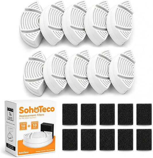 10 Pack Official Replacement Filters (4-Month Supply) for SohoTeco Stainless Steel Cat Water Fountain