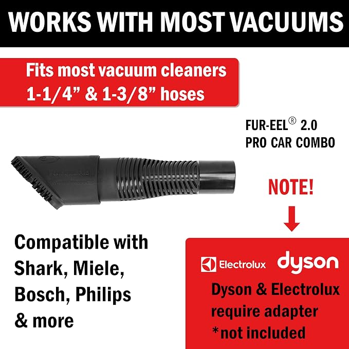 FUR-EEL PRO 2.0 Pet Hair Remover Vacuum Attachment, Replaceable Rubber Brush Head for Dog & Cat Hair, Fits 1-1/4, 1-3/8 & 1-1/2 in Round Hoses, for Car Detailing, Carpet & Upholstery