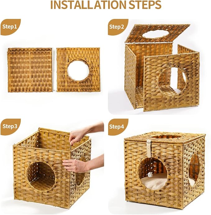 Mewoo Ratten Cat House Condo with Rattan Interactive Hanging Ball Toy *4 & Cotton Cushion, Enclosed Wicker Cat Bed, Wheat