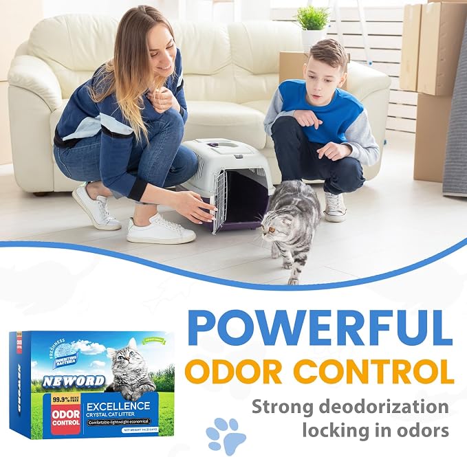 NEWORD Non-Clumping Crystals Cat Litter, Superior Odor Control Silica Gel Litter, Low Tracking & Dust-Free, Soft-On-Paws, Lightly Scented, 14 lbs (2 Packs of 7lb Bags)