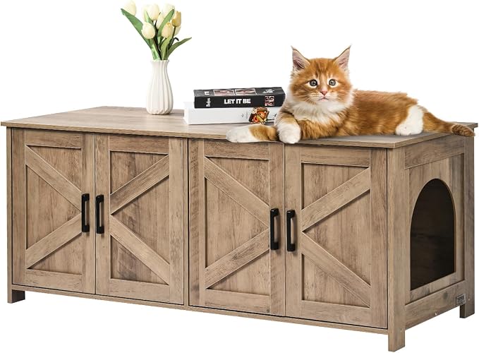 VEVOR Cat Litter Box Enclosure for 2 Cats, Litter Box Furniture Hidden with Double Rooms, Wooden Cat Box Cabinet Fit Most of Litter Box