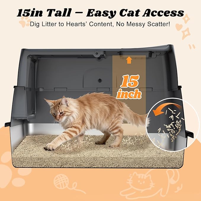 AIPERRO Enclosed Stainless Steel Cat Litter Box with Lid, FILP-Top High Sided Enclosure Metal Litter Boxes with Scoop Set for Big Cats, Non-Sticky, Anti-Leakage, Easy Cleaning,Transparent Grey