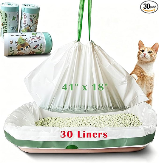 Jumbo Cat Litter Box Liners - 30 Count Extra Large Drawstring Bags, 4 Mils Thickness Pan Liner for Pet Cats and Kitties - 41" x 18" Oversized