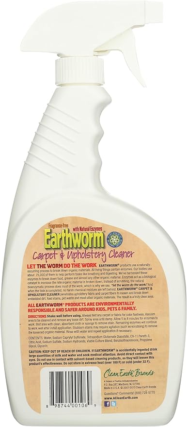 Earthworm Carpet & Upholstery Cleaner Spot & Stain Remover - Natural Enzymes, Safer for Family, Environmentally Responsible - 22 oz