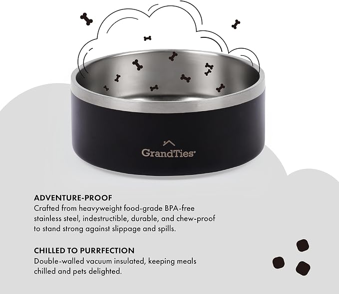 GrandTies Stainless Steel Engraved Pet Bowl | Reusable BPA-Free Insulated Pet Bowls | Large Heavy Duty Non Skid Spill Proof Dog Bowl | Outdoor Dog Water Bowl (18oz, Midnight Black)