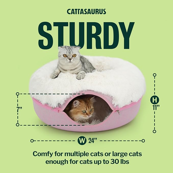 CATTASAURUS Peekaboo Cat Cave for Multiple & Large Cats Up to 30-45 Lbs, Fluffy Cat Beds for Indoor Cats, Scratch Detachable & Washable Tunnel Bed, Comfy Donut Cave (Pink, Large (Calming))