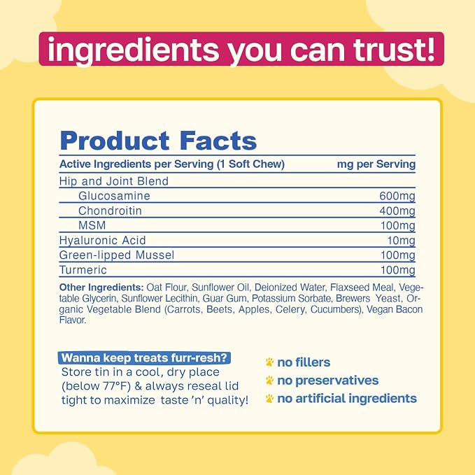 Happy Paws Hip and Joint Supplement for Dogs, Glucosamine Chondroitin for Dogs of All Breeds, Joint Support Soft Chews with Hyaluronic Acid & Turmeric, Vegan Bacon Flavor, Non GMO, 100 Soft Chews