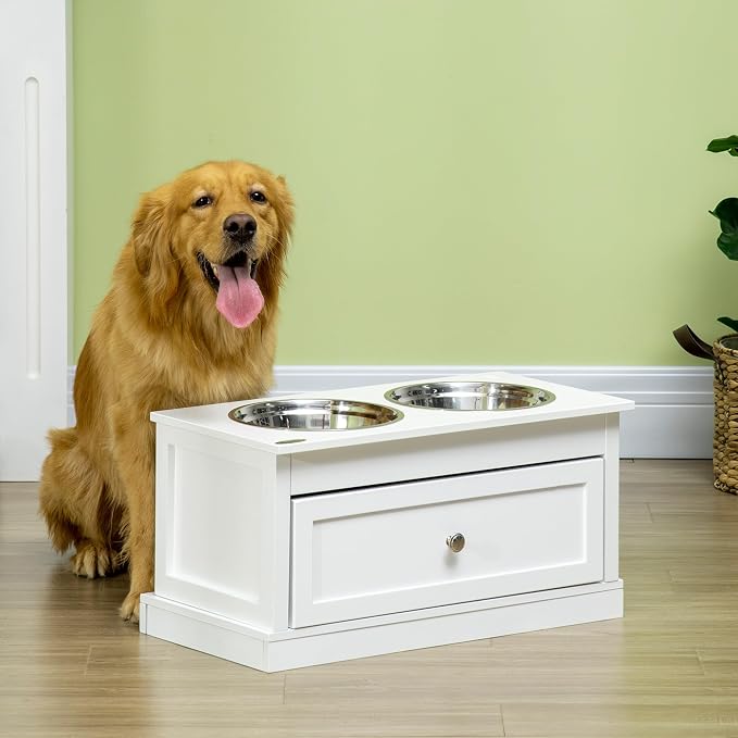 PawHut Large Elevated Dog Bowls with Storage Cabinet Containing Large 44L Capacity, Raised Dog Bowl Stand Pet Food Bowl Pet Feeding Station, Brown