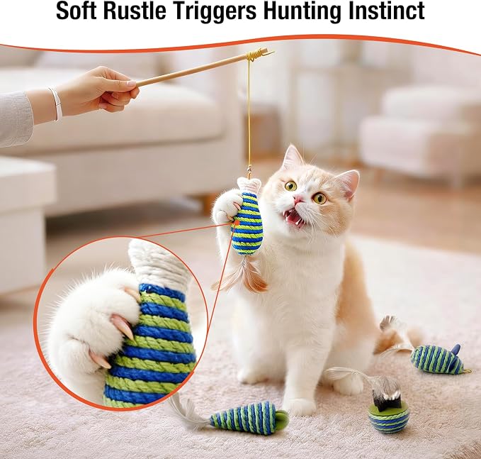 UTEE Cat Wand Toy for Indoor Cats, Interactive Teaser Set with Solid Wood Handle, 7 Replaceable Refills, Natural Paper Rope Crinkle Attachments for Kittens to Chase & Exercise