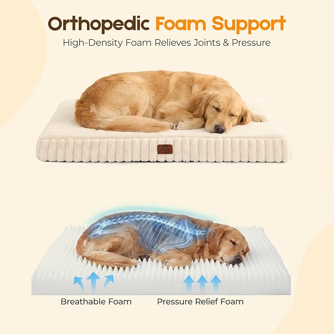 Orthopedic Dog Bed for XXL Jumbo Dog, Waterproof Pet Bed,Non-Slip Bottom and Egg-Crate Foam with Removable Washable Cover Crate Bed,Cream,47"x29"x4"