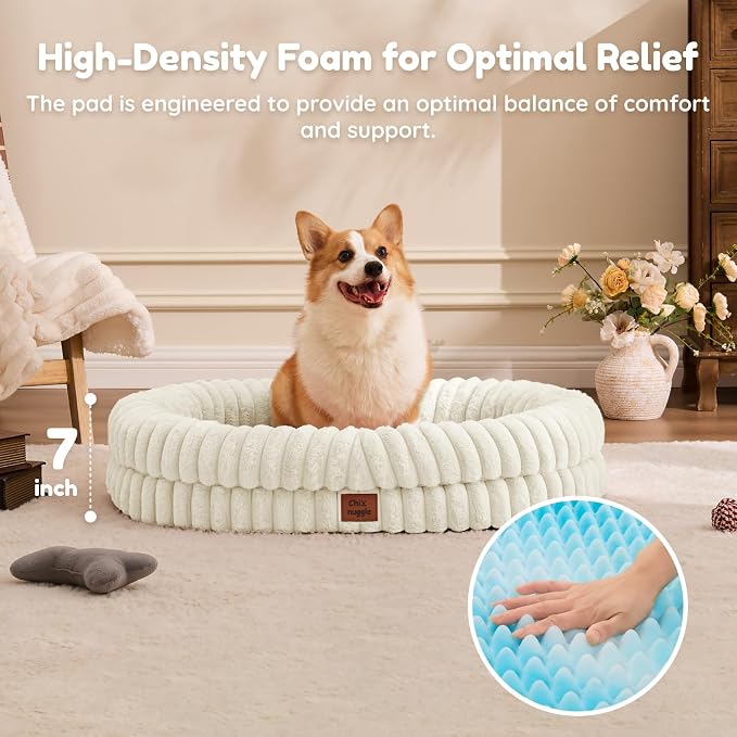 ChiXnuggle Orthopedic Dog Bed for Large Dogs, Waterproof Faux Rabbit Fur Dog Couch with Egg Crate Foam Support and Washable Removable Cover, Bolster Pet Sofa with Non-Slip Bottom, 35x28x7, Cream