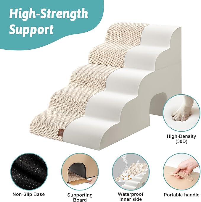 COZY KISS Extra Wide Dog Stairs with Tunnel, Foam Detachable Large Dog Step for Small Pet, Puppy or Cats, Medium Pet Ramp for High Bed, Couch, Sofa or Car, 19.7x33x22.4 inch, 5 Step, Beige