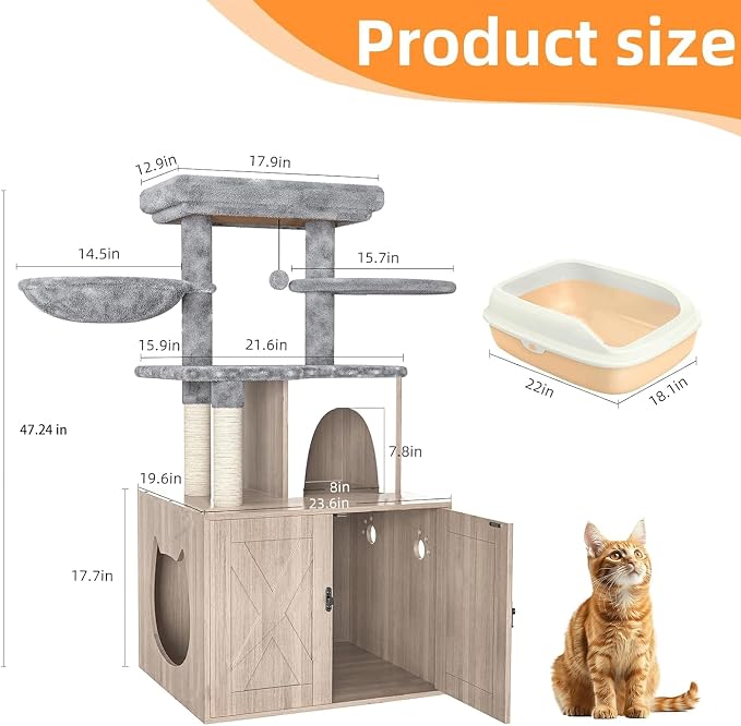 HavenlyYouth Litter Box Enclosure with Cat Tree,Cat Tree with Litter Box Enclosure,Hidden Pet Washroom Furniture with Sisal Scratching Post,Hammocks,Condo,Multiple Platform,Soft Plush Perch, Grey