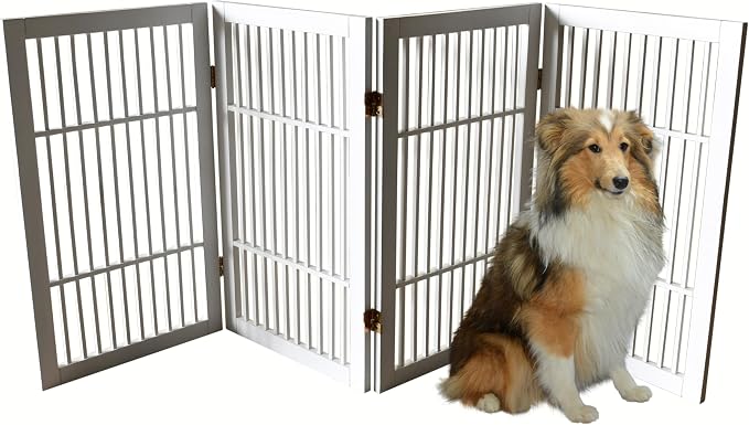 Urnporium Pet Dog Gate Freestanding, Strong Durable Folding Wooden Fence, Portable Acacia Hardwood Safety Barrier for Indoor & Outdoor Use (White Pet Gate, 4 Panel 30" Tall)