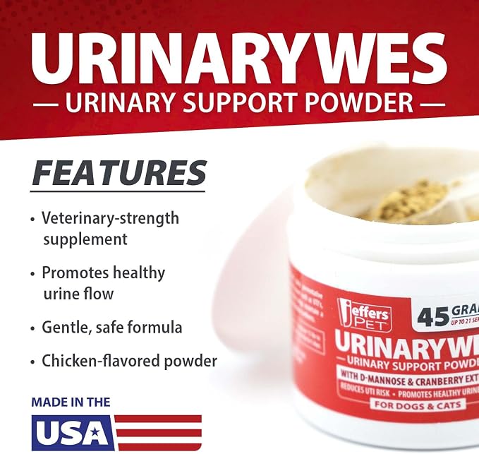 Jeffers Pet UrinaryWes Urinary Support Powder for Dogs & Cats, D-Mannose & Cranberry Supplement for Urinary Tract & Bladder Health, Kidney Support, UTI Prevention, Chicken Flavor Food Topper – 21 g