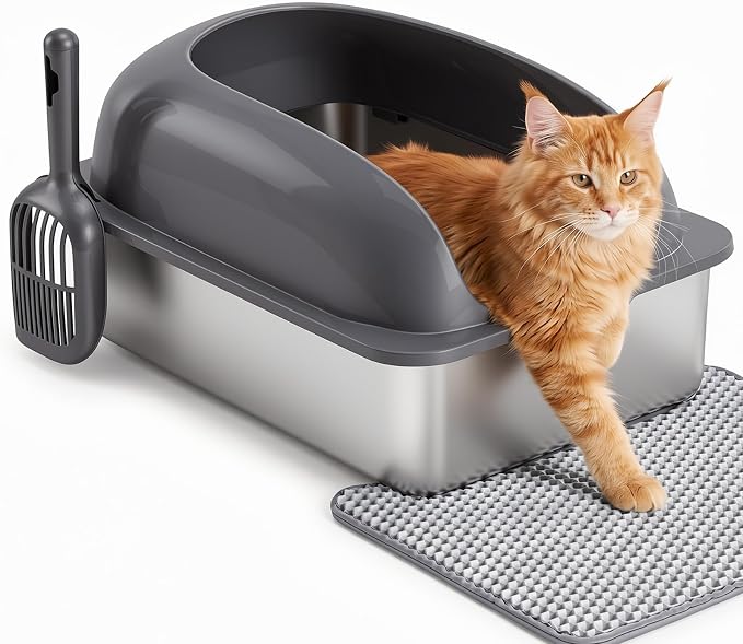 Extra Large Cat Litter Box with Lid, Stainless Steel Cat Litter Box with Scoop and Mat, High Walls for Anti-Urine Leakage, Easy Cleaning, Dark Gray