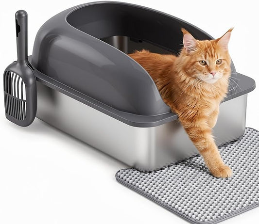 Extra Large Cat Litter Box with Lid, Stainless Steel Cat Litter Box with Scoop and Mat, High Walls for Anti-Urine Leakage, Easy Cleaning, Dark Gray