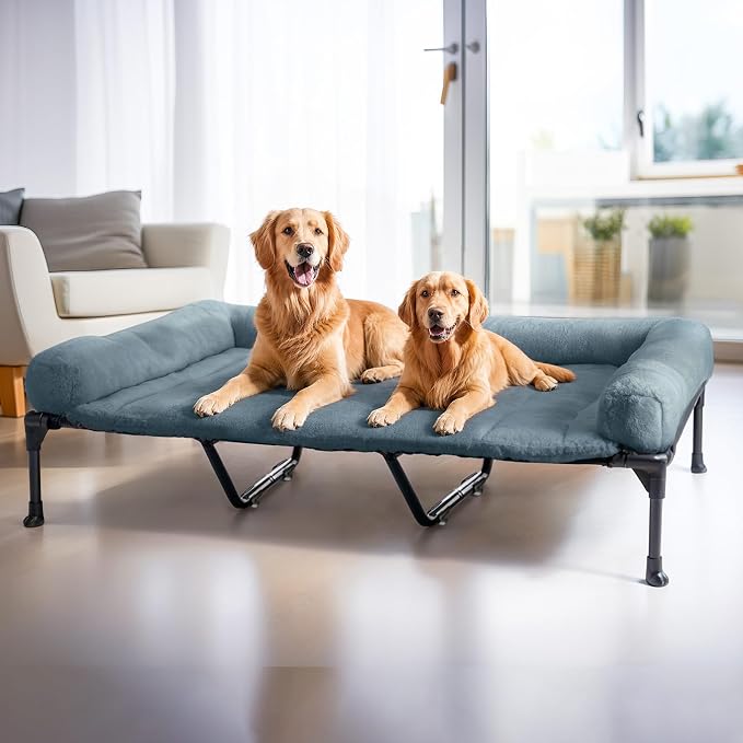 Veehoo Orthopedic Elevated Dog Bed with Fluffy Plush Bolster Cushion, Indoor Raised Dog Beds for Large Dogs, Soft Pet Sofa Cot with Removable Washable Mat, No-Slip Feet, 59 x 37 inches, Haze Blue