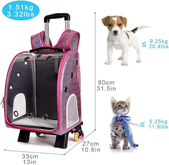 Pet Travel Rolling Carrier Backpack with Removable Wheels,Portable Foldable Breathable Airline Approved Hiking Soft-Sided Carrying Bag Trolley for Small Dogs And Cats with Mesh Ventilation Windows