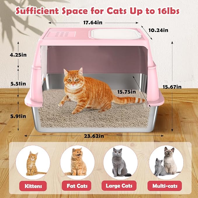 Vivifying Stainless Steel Litter Box with Lid, XL Front Entry Enclosed Extra Large Litter Box for Big Cats & Kitty, Top Exit Metal Cat Pan with Scoop, Mat, Footboard, Charcoal Filter (Pink)