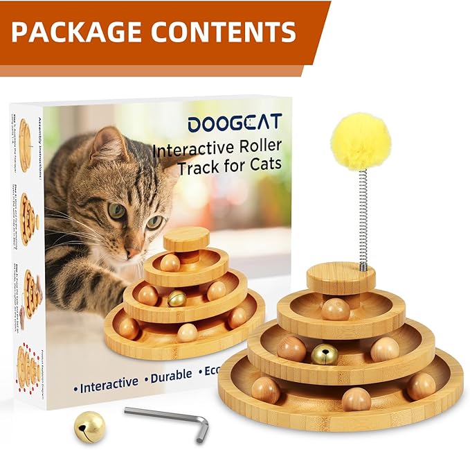 DoogCat Cat Ball Track Toy,Kitty Toys Roller,3-Level Ball Tower with 9 Removable Balls,Interactive Cat Toy, DIY Circle Fun Toy for Kitten Mental Physical Exercise - Medium Size