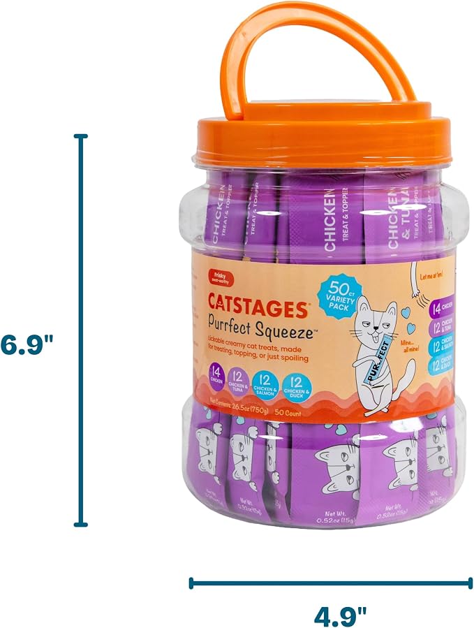 Catstages Purrfect Squeeze Lickable Wet Cat Treats, Creamy Purée Treat & Topper, Made with Real Chicken, Clean Ingredients, No Artificial Preservatives, 0.5 oz Tubes, 50-Count, 4-Flavor Variety Pack