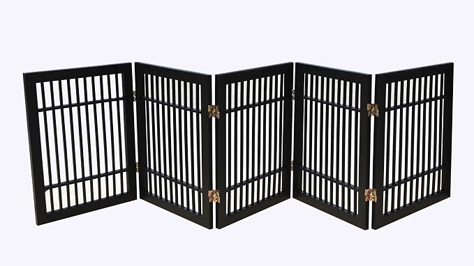 Urnporium Pet Dog Gate Freestanding, Strong Durable Folding Wooden Fence, Portable Acacia Hardwood Safety Barrier for Indoor & Outdoor Use (Black Pet Gate, 5 Panel 24" Tall)
