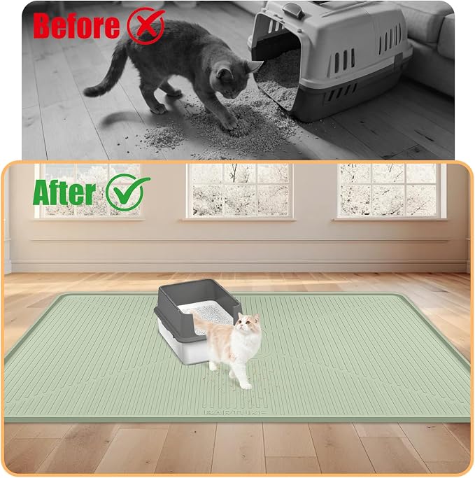 Silicone Cat Litter Mat, 45" x 30" Extra Large Litter Trapping Mat for Litter Box, Leak-Proof, Non-Slip, Kitty Litter Mats with Soft Texture for Floor, Keeping The Floor Clean (Green)
