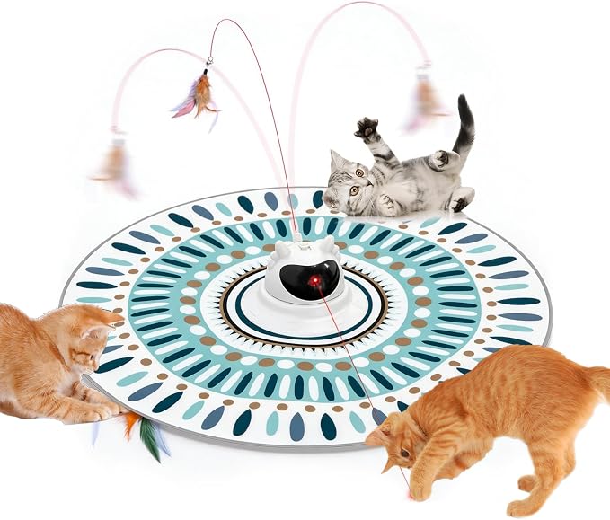 3 in 1 Automatic Interactive Cat Toy for Indoor Cats, USB Rechargeable Adjustable Laser, 360° Rotating Feather Wand, Real Bird Chirp, Motion-Activated Hide Seek Mat, Auto-Off, Quiet Operation