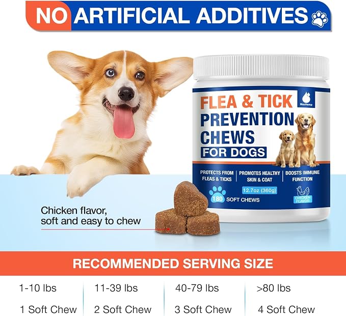 Natural Flea and Tick Prevention for Dogs Chewables, 180 Cts, Oral Flea Pills for Dogs, Dog Flea and Tick Treatment, Skin & Coat Support Supplement