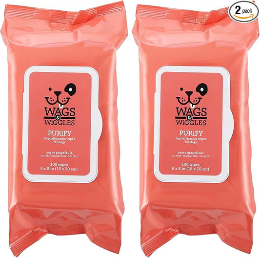 Wags & Wiggles Purify Hypoallergenic Dog Wipes for Sensitive Skin, Paw and Body Grooming Wipes with Gentle Plant Based Formula for Everyday Cleaning, Zesty Grapefruit Scent, 100 Count (Pack of 2)