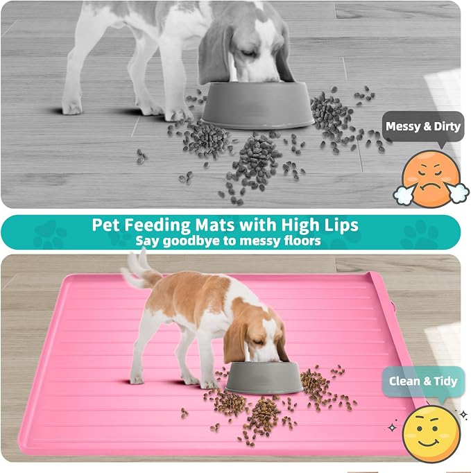 Dog Mat for Food and Water - 39.4" x 27" Large Pet Feeding Mats with Residue Collection Pocket - Waterproof Dog Cat Bowl Mat with High Edges to Prevent Water and Food Spills (Pink, 39.4''x27'')