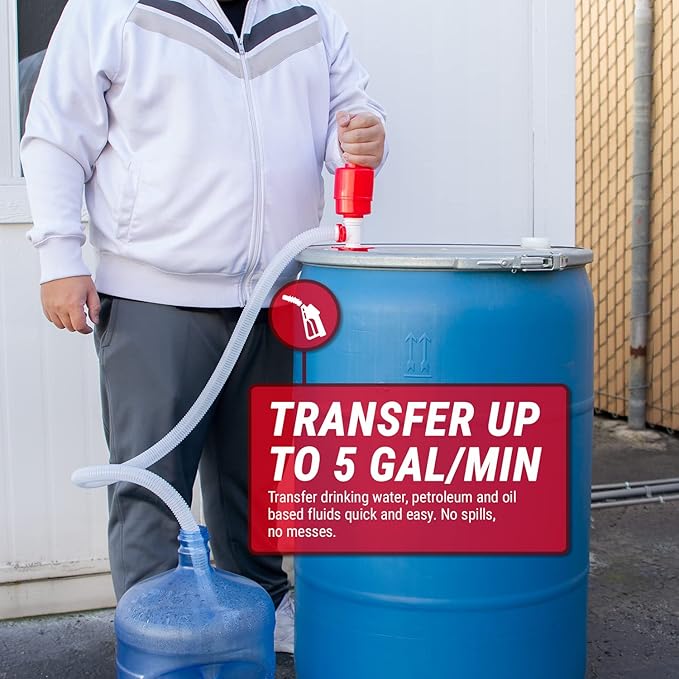 TERA PUMP Large Industrial Barrel Siphon 55-Gallon Drum Pump (BPA-Free) for Drinking Water, Gas, Diesel (5 GPM)