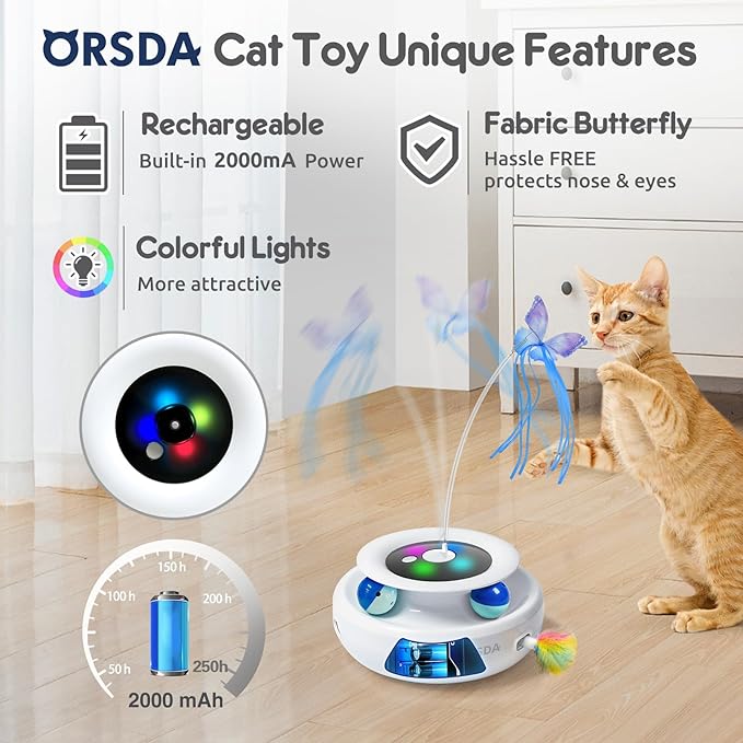 ORSDA Cat Toy, 3-in-1 Automatic Cat Toys for Indoor Cats, Interactive Feather Toys for All Breeds, Replacement Attachments 7PCS Cat Teaser Toy Refills Cat Wand Attachments