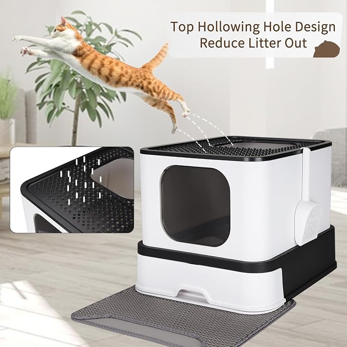 RIZZARI Stainless Steel Cat Box: Black Large Capacity Enclosed Litter Pan with High Walls - Non-Stick Teflon Coating & Leak-Proof Drawer - Odor Control - Perfect for Bathroom Balcony