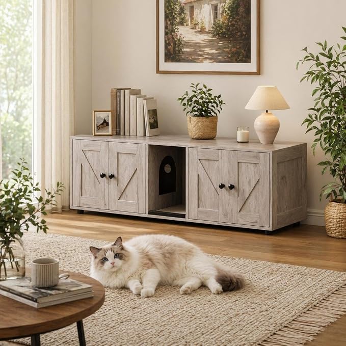 Gray Double Compartment Cat Litter Box Enclosure, Hidden Litter Box Furniture Cabinet for 2 Cats, Indoor Privacy Cat House, Stylish Pet Storage Cabinet